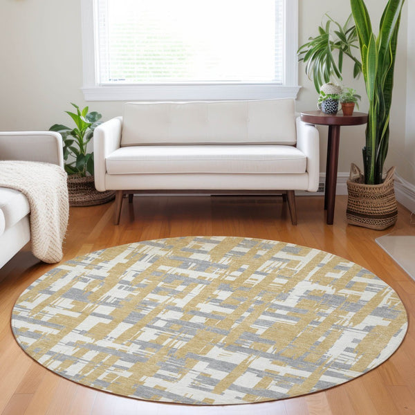 HomeRoots 5' Gold Ivory and Gray Striped Washable Area Rug - Stylish, Durable, Indoor/Outdoor Design for Any Space 8' Round 622691