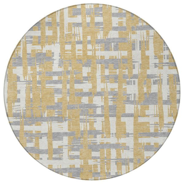 HomeRoots 5' Gold Ivory and Gray Striped Washable Area Rug - Stylish, Durable, Indoor/Outdoor Design for Any Space 8' Round 622691