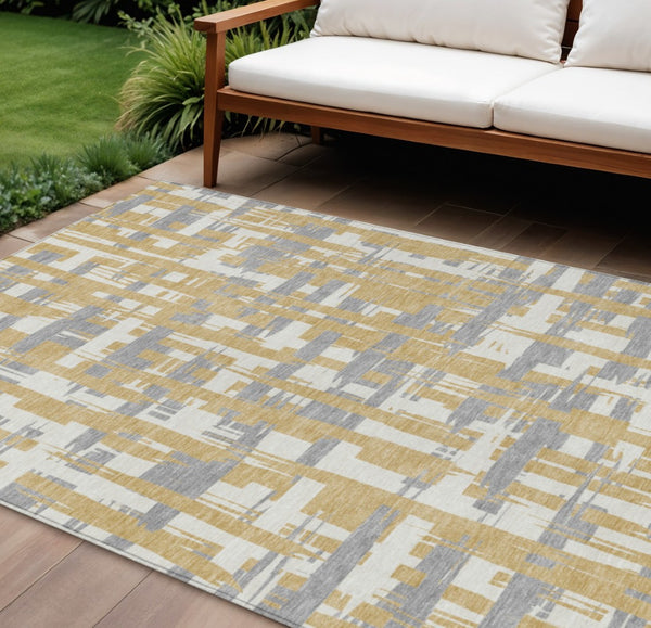 HomeRoots 5' Gold Ivory and Gray Striped Washable Area Rug - Stylish, Durable, Indoor/Outdoor Design for Any Space 10' X 14' 622694