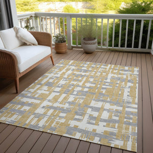 HomeRoots 5' Gold Ivory and Gray Striped Washable Area Rug - Stylish, Durable, Indoor/Outdoor Design for Any Space 10' X 14' 622694