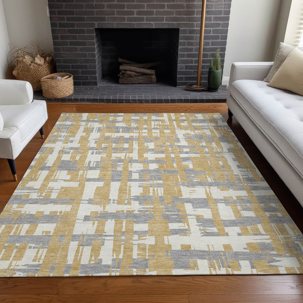 HomeRoots 5' Gold Ivory and Gray Striped Washable Area Rug - Stylish, Durable, Indoor/Outdoor Design for Any Space 10' X 14' 622694
