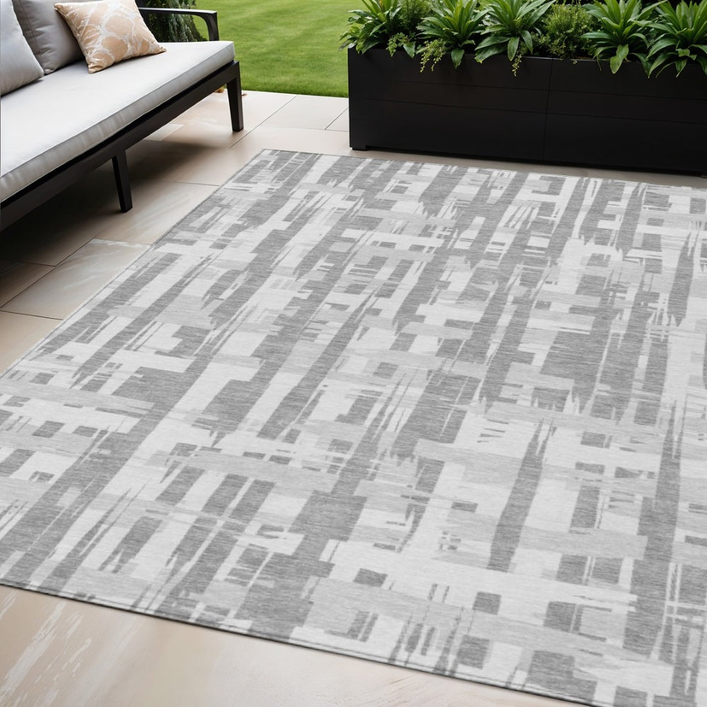 HomeRoots 5' Stylish Gray Silver and Ivory Striped Washable Area Rug for Indoor and Outdoor Durability 5' X 8' 622696