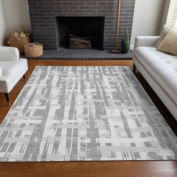 HomeRoots 5' Stylish Gray Silver and Ivory Striped Washable Area Rug for Indoor and Outdoor Durability 5' X 8' 622696