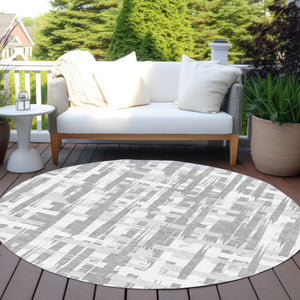 HomeRoots 5' Stylish Gray Silver and Ivory Striped Washable Area Rug for Indoor and Outdoor Durability 8' Round 622697