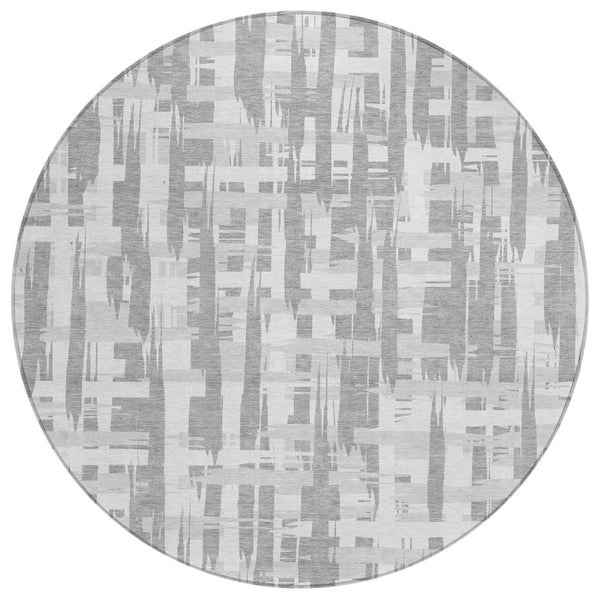 HomeRoots 5' Stylish Gray Silver and Ivory Striped Washable Area Rug for Indoor and Outdoor Durability 8' Round 622697