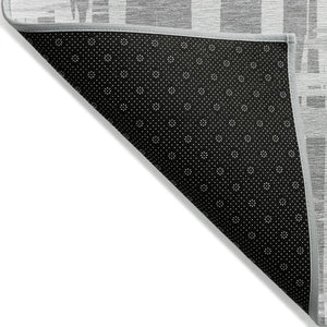 HomeRoots 5' Stylish Gray Silver and Ivory Striped Washable Area Rug for Indoor and Outdoor Durability 8' Round 622697