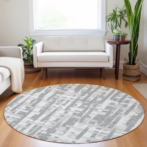 HomeRoots 5' Stylish Gray Silver and Ivory Striped Washable Area Rug for Indoor and Outdoor Durability 8' Round 622697