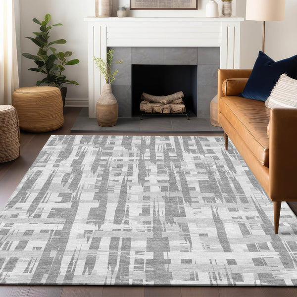 HomeRoots 5' Stylish Gray Silver and Ivory Striped Washable Area Rug for Indoor and Outdoor Durability 8' X 10' 622698