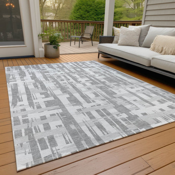 HomeRoots 5' Stylish Gray Silver and Ivory Striped Washable Area Rug for Indoor and Outdoor Durability 8' X 10' 622698