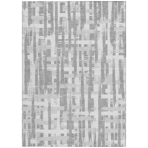HomeRoots 5' Stylish Gray Silver and Ivory Striped Washable Area Rug for Indoor and Outdoor Durability 9' X 12' 622699