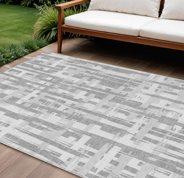 HomeRoots 5' Stylish Gray Silver and Ivory Striped Washable Area Rug for Indoor and Outdoor Durability 9' X 12' 622699