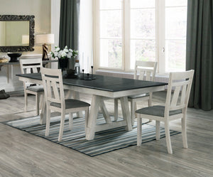 English Elm 5pc Cottage Style Extendable Dining Table Set with Two Self-Storing Leaves Chalk Gray Two-Tone Upholstered Chairs B011S01119