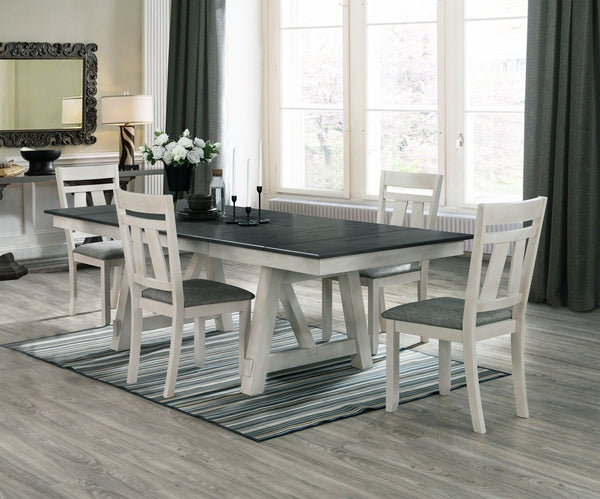 English Elm 5pc Cottage Style Extendable Dining Table Set with Two Self-Storing Leaves Chalk Gray Two-Tone Upholstered Chairs B011S01119