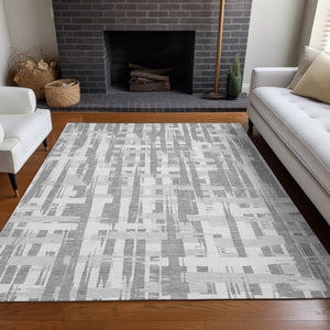 HomeRoots 5' Stylish Gray Silver and Ivory Striped Washable Area Rug for Indoor and Outdoor Durability 10' X 14' 622700
