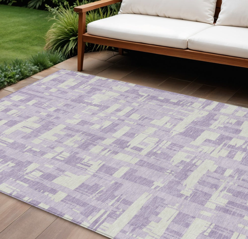 HomeRoots 5' Stylish Lavender Lilac and Ivory Striped Area Rug for Indoor and Outdoor Spaces, Easy Care 10' X 14' 622712