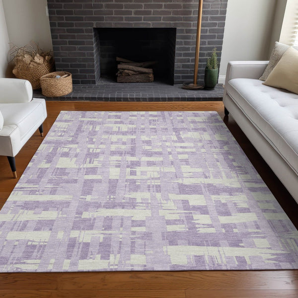 HomeRoots 5' Stylish Lavender Lilac and Ivory Striped Area Rug for Indoor and Outdoor Spaces, Easy Care 10' X 14' 622712