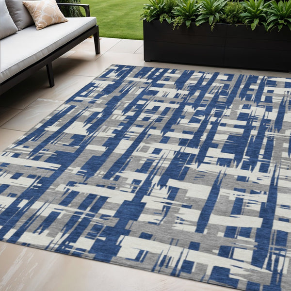 HomeRoots 5' Navy Blue, Gray & Ivory Striped Washable Area Rug for Indoor/Outdoor Versatile Style & Durability 5' X 8' 622720