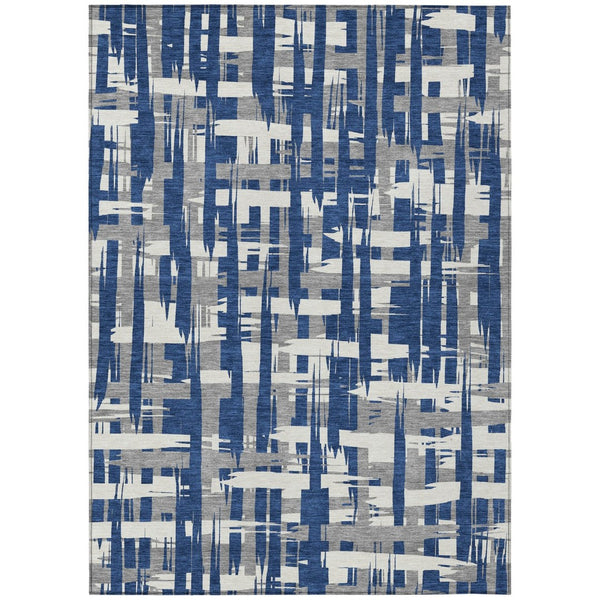 HomeRoots 5' Navy Blue, Gray & Ivory Striped Washable Area Rug for Indoor/Outdoor Versatile Style & Durability 5' X 8' 622720