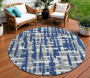 HomeRoots 5' Navy Blue, Gray & Ivory Striped Washable Area Rug for Indoor/Outdoor Versatile Style & Durability 8' Round 622721