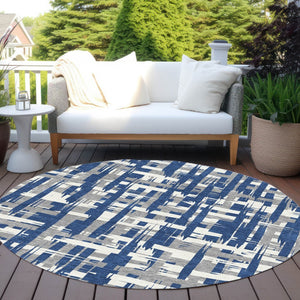 HomeRoots 5' Navy Blue, Gray & Ivory Striped Washable Area Rug for Indoor/Outdoor Versatile Style & Durability 8' Round 622721