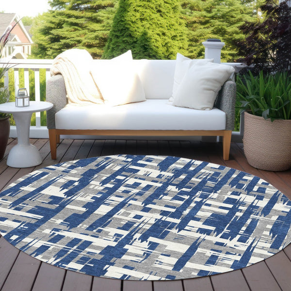 HomeRoots 5' Navy Blue, Gray & Ivory Striped Washable Area Rug for Indoor/Outdoor Versatile Style & Durability 8' Round 622721