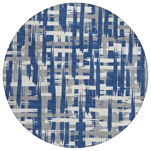 HomeRoots 5' Navy Blue, Gray & Ivory Striped Washable Area Rug for Indoor/Outdoor Versatile Style & Durability 8' Round 622721
