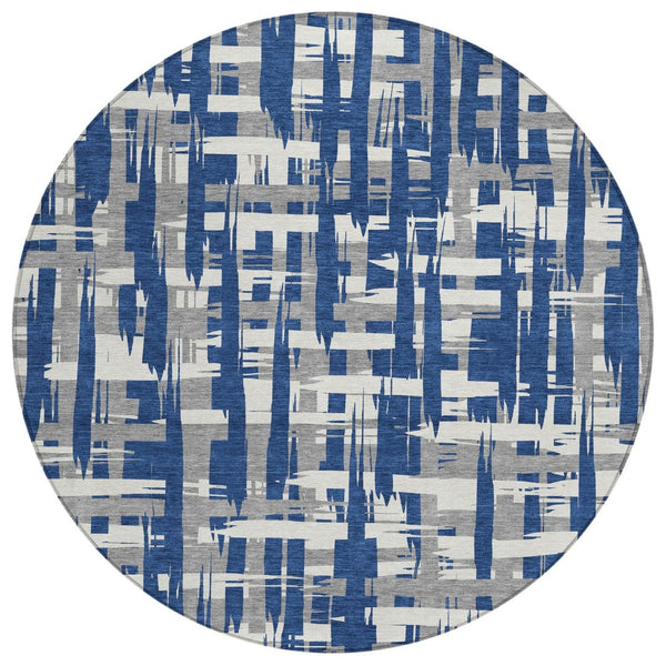 HomeRoots 5' Navy Blue, Gray & Ivory Striped Washable Area Rug for Indoor/Outdoor Versatile Style & Durability 8' Round 622721