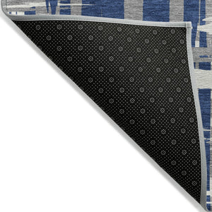 HomeRoots 5' Navy Blue, Gray & Ivory Striped Washable Area Rug for Indoor/Outdoor Versatile Style & Durability 8' Round 622721