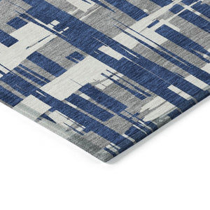 HomeRoots 5' Navy Blue, Gray & Ivory Striped Washable Area Rug for Indoor/Outdoor Versatile Style & Durability 8' Round 622721