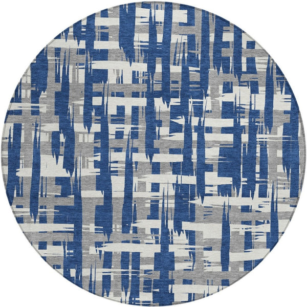 HomeRoots 5' Navy Blue, Gray & Ivory Striped Washable Area Rug for Indoor/Outdoor Versatile Style & Durability 8' Round 622721