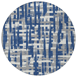 HomeRoots 5' Navy Blue, Gray & Ivory Striped Washable Area Rug for Indoor/Outdoor Versatile Style & Durability 8' Round 622721