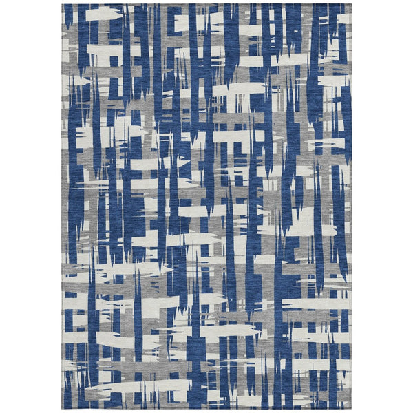 HomeRoots 5' Navy Blue, Gray & Ivory Striped Washable Area Rug for Indoor/Outdoor Versatile Style & Durability 8' X 10' 622722