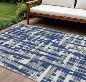 HomeRoots 5' Navy Blue, Gray & Ivory Striped Washable Area Rug for Indoor/Outdoor Versatile Style & Durability 8' X 10' 622722