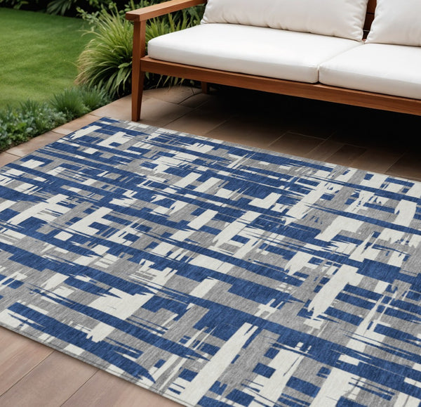 HomeRoots 5' Navy Blue, Gray & Ivory Striped Washable Area Rug for Indoor/Outdoor Versatile Style & Durability 8' X 10' 622722