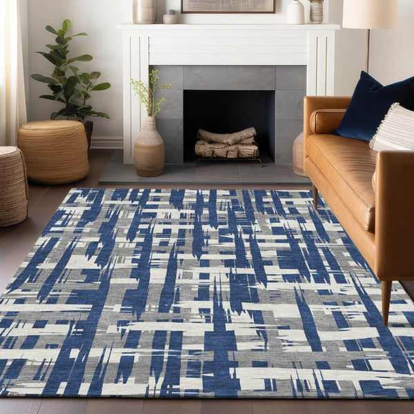HomeRoots 5' Navy Blue, Gray & Ivory Striped Washable Area Rug for Indoor/Outdoor Versatile Style & Durability 8' X 10' 622722