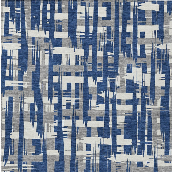 HomeRoots 5' Navy Blue, Gray & Ivory Striped Washable Area Rug for Indoor/Outdoor Versatile Style & Durability 9' X 12' 622723