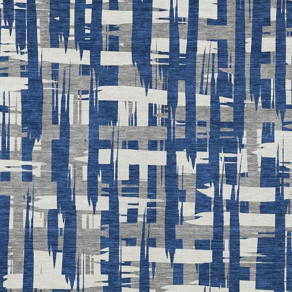 HomeRoots 5' Navy Blue, Gray & Ivory Striped Washable Area Rug for Indoor/Outdoor Versatile Style & Durability 9' X 12' 622723