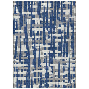 HomeRoots 5' Navy Blue, Gray & Ivory Striped Washable Area Rug for Indoor/Outdoor Versatile Style & Durability 9' X 12' 622723