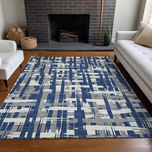 HomeRoots 5' Navy Blue, Gray & Ivory Striped Washable Area Rug for Indoor/Outdoor Versatile Style & Durability 9' X 12' 622723