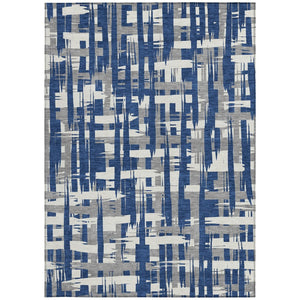 HomeRoots 5' Navy Blue, Gray & Ivory Striped Washable Area Rug for Indoor/Outdoor Versatile Style & Durability 10' X 14' 622724