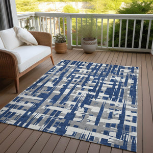 HomeRoots 5' Navy Blue, Gray & Ivory Striped Washable Area Rug for Indoor/Outdoor Versatile Style & Durability 10' X 14' 622724