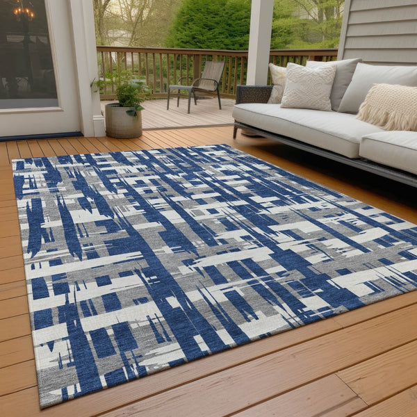 HomeRoots 5' Navy Blue, Gray & Ivory Striped Washable Area Rug for Indoor/Outdoor Versatile Style & Durability 10' X 14' 622724