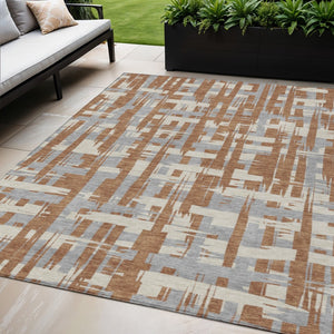 HomeRoots 5' Striped Rust Gray and Ivory Area Rug - Durable, Washable Indoor/Outdoor Solution for All Spaces 5' X 8' 622726