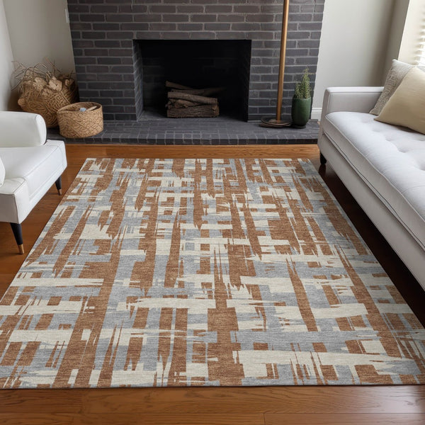 HomeRoots 5' Striped Rust Gray and Ivory Area Rug - Durable, Washable Indoor/Outdoor Solution for All Spaces 5' X 8' 622726