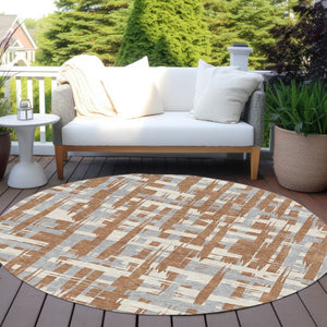 HomeRoots 5' Striped Rust Gray and Ivory Area Rug - Durable, Washable Indoor/Outdoor Solution for All Spaces 8' Round 622727