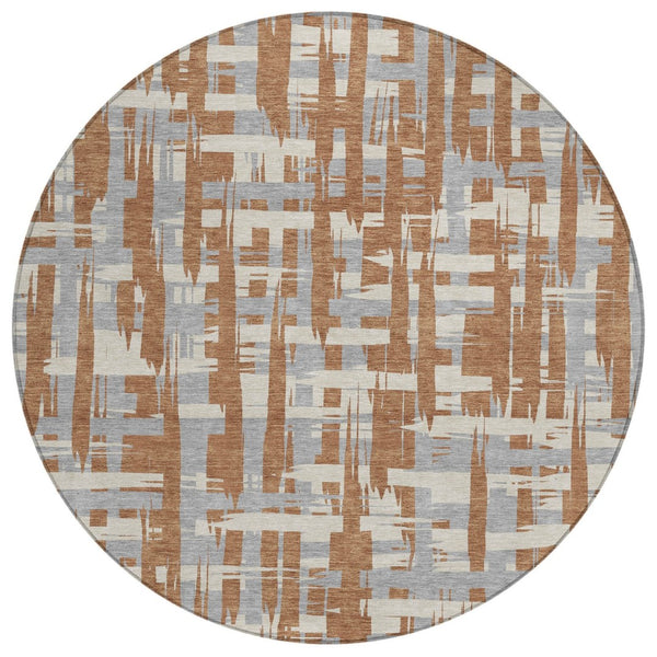 HomeRoots 5' Striped Rust Gray and Ivory Area Rug - Durable, Washable Indoor/Outdoor Solution for All Spaces 8' Round 622727
