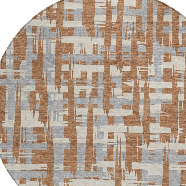 HomeRoots 5' Striped Rust Gray and Ivory Area Rug - Durable, Washable Indoor/Outdoor Solution for All Spaces 8' Round 622727