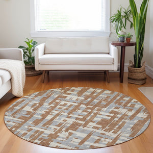 HomeRoots 5' Striped Rust Gray and Ivory Area Rug - Durable, Washable Indoor/Outdoor Solution for All Spaces 8' Round 622727