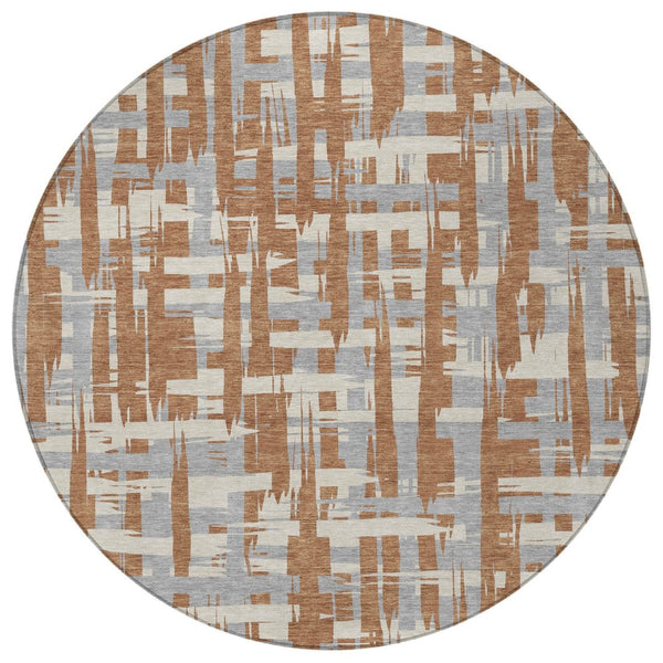 HomeRoots 5' Striped Rust Gray and Ivory Area Rug - Durable, Washable Indoor/Outdoor Solution for All Spaces 8' Round 622727
