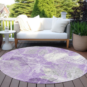 HomeRoots 5' Elegant Lavender and Ivory Floral Area Rug - Durable, Washable Design for Indoor and Outdoor Use 8' Round 622763